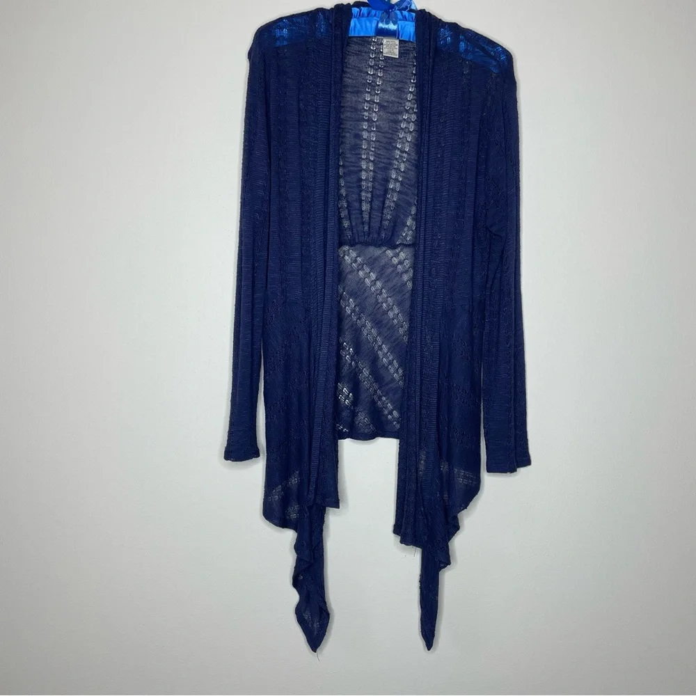 Deep Blue Open-Front Lightweight Cardigan Waterfall Edge Open-Work Knit - Picture 1 of 6